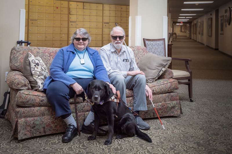 Woman pats her black Lab guide dog while sitting on a couch with man holding a white cane